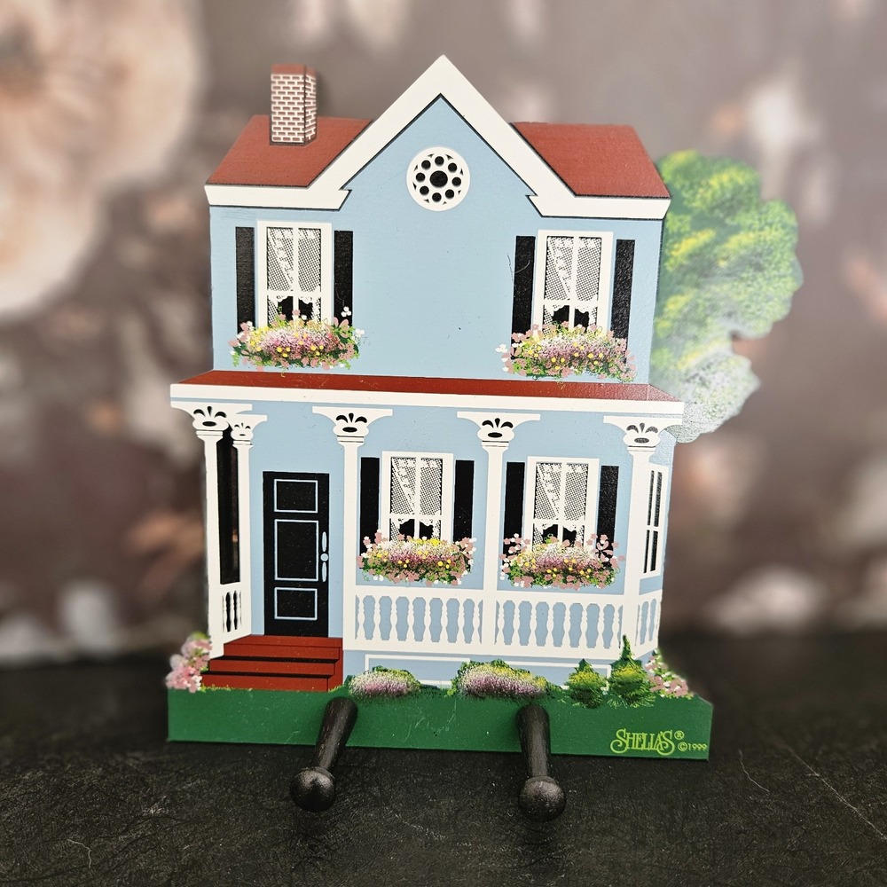 Shelia's Collectible Blue House Key Holder – 1999 Handcrafted Wood Cottage Decor